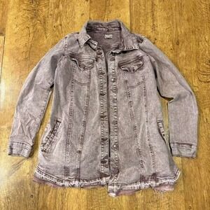 purple pinkish LOGO denim inspired jacket with distressed‎ look
